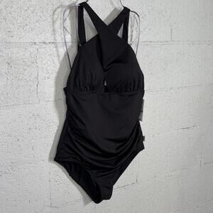 Michael Kors Womens Cross-Neck Smocked One Black 16  MSRP $130